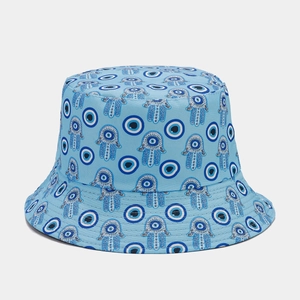 Detailed pattern of light blue bucket hat with Evil Eye and Hamsa Hand print