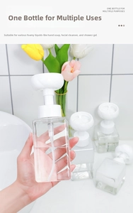 Macro detail of square foam pump bottle showing unique flower shaped nozzle for face wash