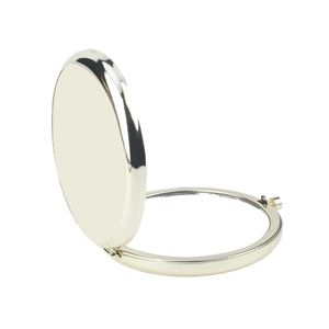 Portable double-sided round folding metal makeup mirror in polished rose gold finish