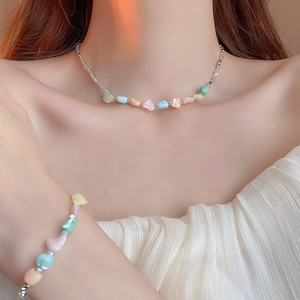 Macaron colored natural stone and silver necklace and bracelet jewelry set for women