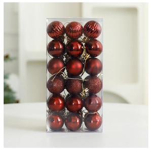 Set of 36 dark red Christmas ornaments in a clear box with matte and glitter finishes