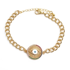 Gold-plated Evil Eye chain bracelet with colorful zircons and adjustable lobster clasp