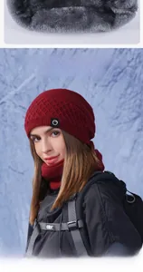 Detail of winter beanie and neck warmer set showing thick grey plush fleece lining