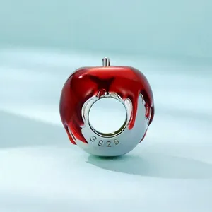 S925 sterling silver red apple charm bead for DIY bracelets with polished metal base