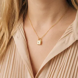 Stainless Steel Initial Letter Lock Pendant Necklace Gold Plated Alphabet Name Jewelry For Women Fashion Jewelry Gift