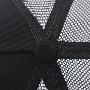 Close-up of top button and breathable mesh structure on black cotton baseball cap