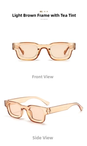 Detail view of champagne square frame sunglasses showing front and side profile views