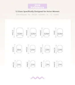 Size reference chart showing 12 different dimensions for purple gradient press-on nails