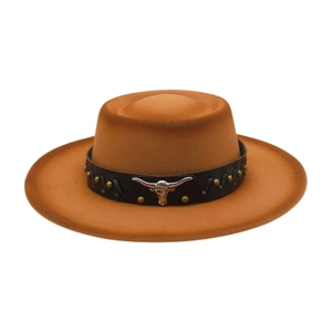 Brown wool felt flat top hat with wide brim, silver bull head emblem and leather band