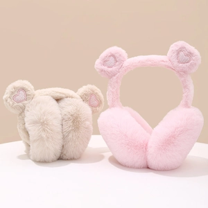 Furry winter earmuffs with cute bear ears and pink heart embroidery for kids