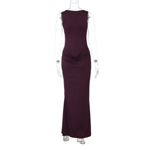 Detail view of deep purple sleeveless maxi dress with bodycon ruching and elegant drape