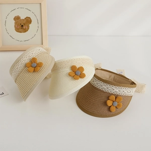 Kids lace-trimmed straw sun visor hat with decorative flower in three colors