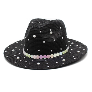 Elegant Women Straw Fedora Hat Artificial Pearl Rhinestone Wide Brim Summer Beach Sun Protection Jazz Cap Sequin Decor