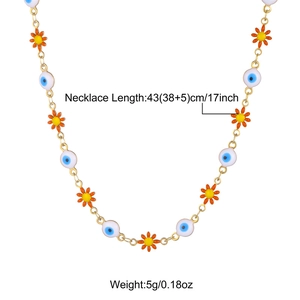 Detail of beaded daisy necklace with evil eye charm, length and weight specifications