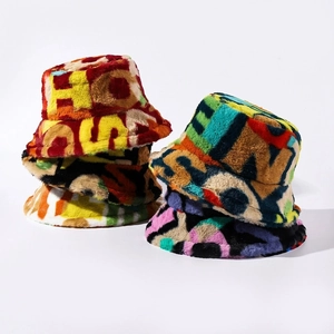 Bucket Hat Colorful Plush Faux Fur Warm Winter Cap Letter Print Graffiti Street Style Streetwear Fashion For Women Men