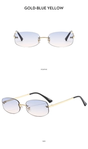Detail view of rimless gold sunglasses with blue to yellow gradient lenses