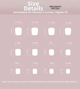 Size chart for short square press-on nails showing 12 dimensions from 6.6mm to 13.3mm width