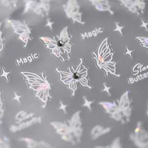 Holographic butterfly nail stickers with rhinestones and white star patterns