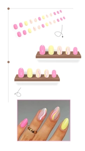 Détails de faux ongles rose et jaune avec motifs ondulés, ensemble de 24 pièces élégant