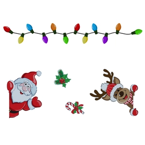 Detailed view of festive Christmas magnetic stickers with Santa, reindeer and light bulbs