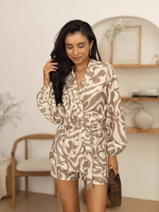 Women's khaki abstract print pajama set with long sleeve cardigan and matching shorts