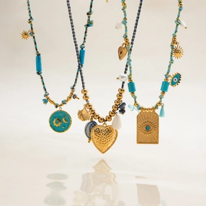 Vintage turquoise beaded necklaces with gold stainless steel sun and heart pendants