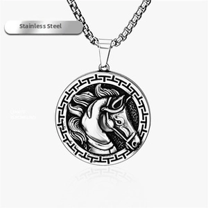 Detail view of a stainless steel round pendant with horse relief and Venetian chain