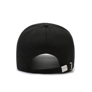 Rear view of black canvas baseball cap with adjustable silver metal buckle on plain white background
