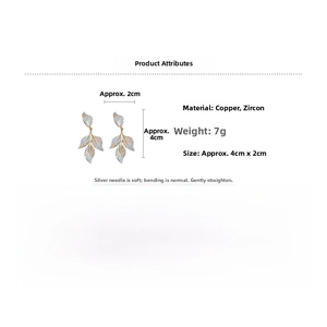 Detail view of leaf-shaped tassel earrings showing 4cm length and zircon material