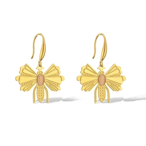 Vintage style gold plated butterfly earrings with pink gemstones and engraved wings