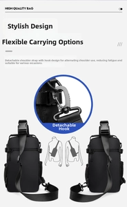 Detail view of the detachable shoulder strap hook on a black multi-functional chest bag
