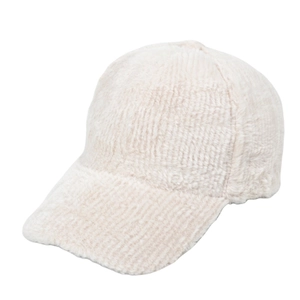 Winter plush baseball cap in cream white faux mink fur with striped texture