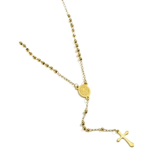 Polished gold stainless steel rosary necklace with cross pendant and holy medal