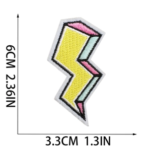 Detail view of yellow lightning bolt embroidery patch with dimensions 6cm x 3.3cm