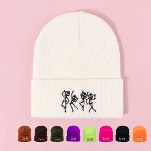 Bonnet Brodé Squelette Dansant En Acrylique Tricoté Hiver Chaud Calotte Pour Hommes Femmes Casual Streetwear
