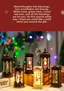 Detail of vintage Christmas lanterns with internal festive scenes and warm LED glow