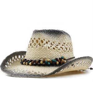 Chapeau De Cowboy En Paille Dégradé Avec Bande Perlée Été Plage Extérieur Respirant Pour Femmes Et Hommes