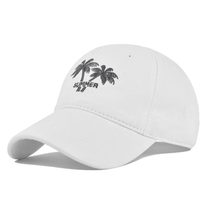 Detail shot of vintage washed cotton baseball cap with coconut tree embroidery