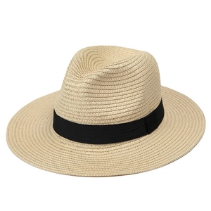 Classic straw Panama hat with black ribbon, wide brim sun protection for summer beach