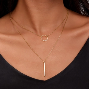 Minimalist S925 sterling silver double layer necklace with gold circle and bar pendants
