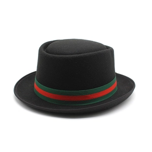 Vintage Wool Felt Pork Pie Hat With Striped Ribbon Retro British Style Unisex Flat Top Fedora