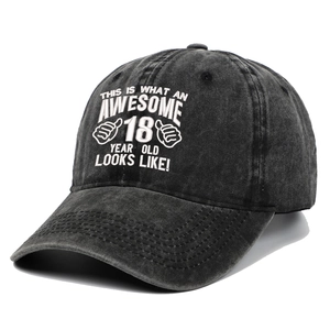 Detail of vintage washed charcoal baseball cap with 18th birthday slogan embroidery