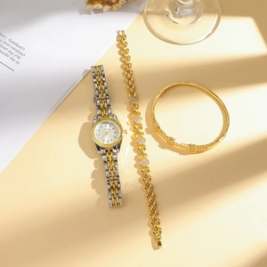 Damen Quarzuhren-Set in Gold und Silber mit glitzerndem Kristall-Zifferblatt und Armbändern
