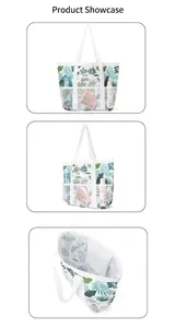 Detailansicht der weißen Netz-Strandtasche mit Palmblattmuster und Außentaschen