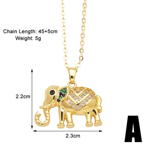 Detail view of gold elephant pendant with colorful cubic zirconia and sizing specifications