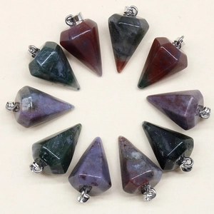 Macro display of ten hexagonal cone crystal pendants in various natural polished gemstones