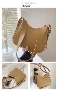 Detail view of khaki hobo shoulder bag with matte finish and gold-tone hardware buckles