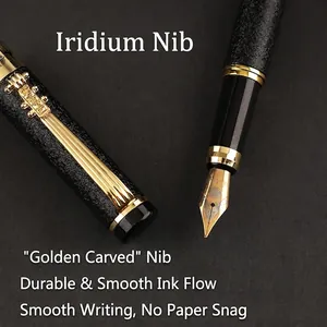 Textured black fountain pen with gold cello cap ornament and engraved iridium nib