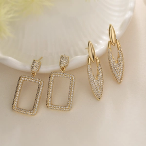Geometric Copper Drop Earrings For Women 18K Gold Plated Rhinestone Dangle Earrings Minimalist Jewelry Gift