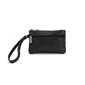 Black lychee leather mini coin purse with double zipper, wrist strap and gold hardware